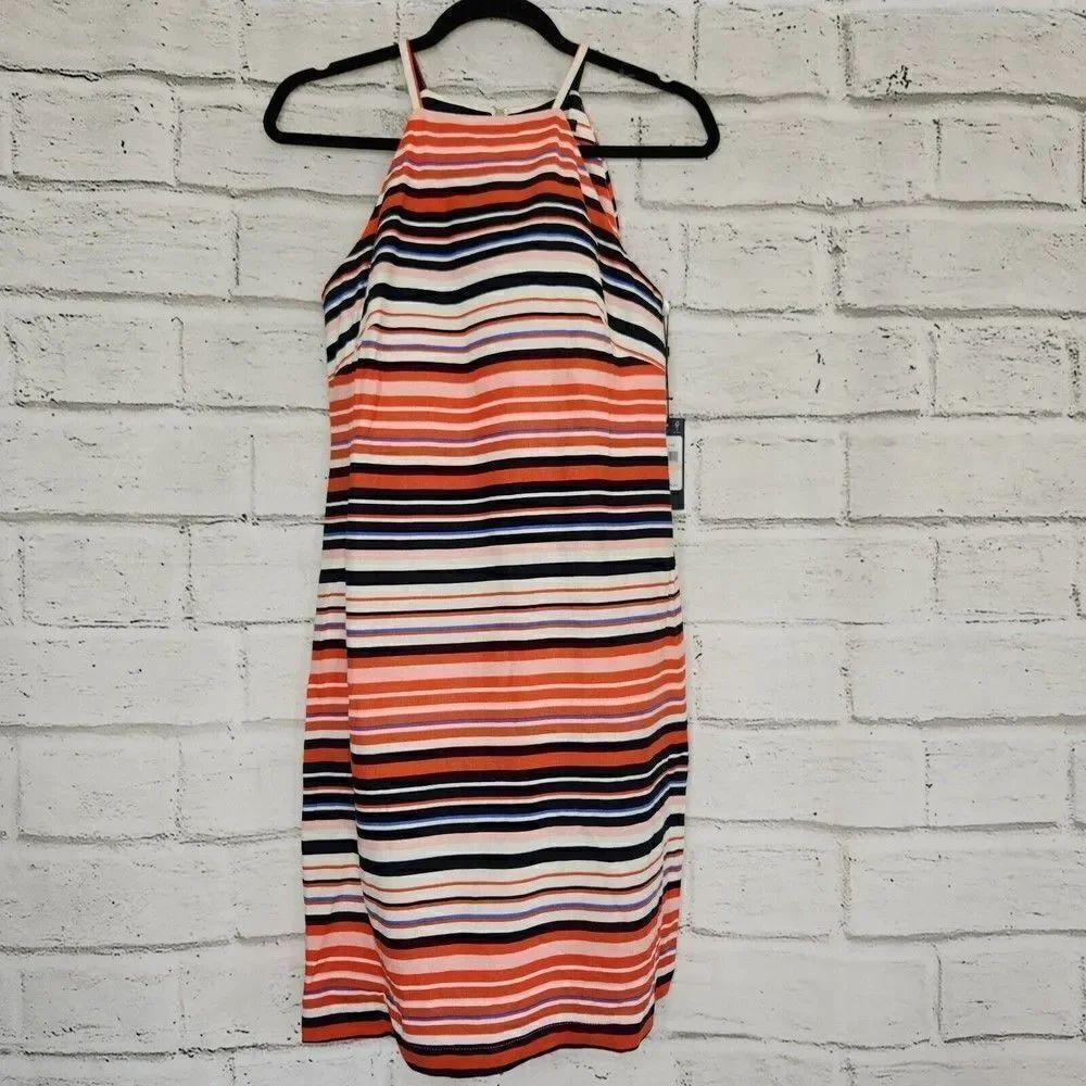 Tommy Hilfiger Women's Linen Blend Dress Striped Orange Blue white Size 2